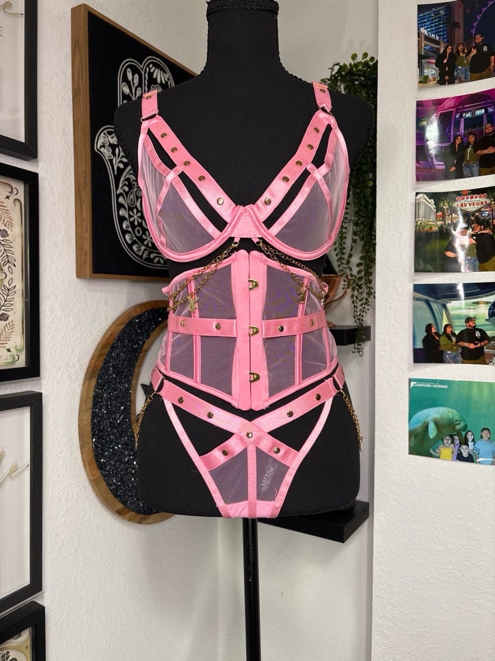Playboy Charm Waspie 3pc Lingerie Set Pink Bra Corset Thong Gold Bunny Chains